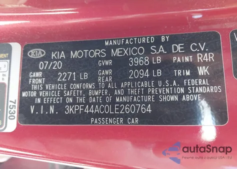 2020 Kia Forte Gt z USA, uszkodzony, nr VIN 3KPF44AC0LE260764